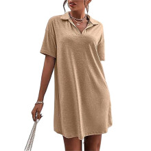 Vestido Feminino de Verão com Decote em V, Manga Curta, Solto, Justo, Casual, Gola Redonda, Vestido Tipo Camiseta Cáqui S