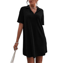 Robe D'Été à Col en V pour Femme, Manches Courtes, Coupe Ample, Décontractée, Col T-Shirt, Noire, Taille S