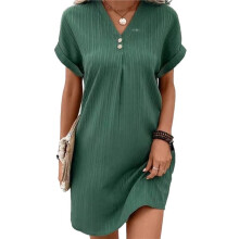 Chemise Boutonnée D'Été en Coton et Lin pour Femme, Col en V, Décontractée, Manches Courtes, Tunique Ample, Vert, XL