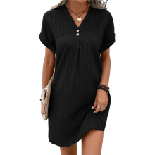 Camisa Feminina de Botões, Verão, Algodão, Linho, Decote em V, Casual, Manga Curta, Solta, Vestidos Túnica, Preto, XL