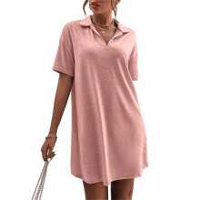 Dames Zomer V-Hals Jurk Zomer Korte Mouw Losse Getailleerde Casual Kraag T-Shirt Jurk Roze M