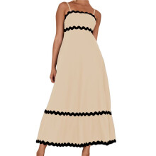Vestido Longo Fluido Feminino Verão 2025 Casual Sem Mangas Alças Finas Babados Praia Vestidos Longos Damasco XL