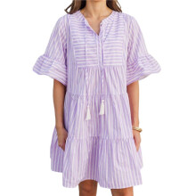 Dames Casual Klokmouwen Taille Geplooide Gestreepte Overhemdjurk Lichtpaars M