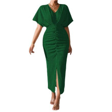 Vestido de Coquetel Feminino Metálico Falso, Cor Sólida, Decote em V, Plissado, Fenda Alta, Manga Curta, Midi, Verde M