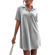 Robe D'Été à Col en V pour Femme, Manches Courtes, Coupe Ample, Décontractée, Col T-Shirt, Gris, Taille XL