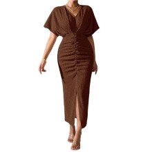 Womens Metallic Faux Wrap Cocktail Dress Solid Color V-Neck Pleated High Slit Short Sleeve Midi Dress Coffee Color XL