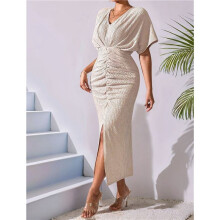 Womens Metallic Faux Wrap Cocktail Dress Solid Color V-Neck Pleated High Slit Short Sleeve Midi Dress Apricot S