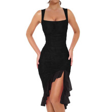 Women'S Ruched Bodycon Midi Dresses Square Neck Sleeveless Ruffle Hem Club Party Tank Dress Black L