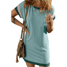 Damen Casual Sommer Farbblock Rundhals Kurzarm T-Shirt Kleid Seegrün S