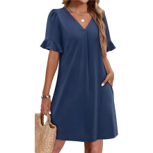 Zomerjurken voor Vrouwen, Ruches, Korte Mouwen, V-Hals, Casual Shiftjurk met Zakken, Marineblauw, Maat L