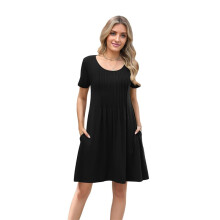 Womens Pleated Front Summer Dresses Casual Short Sleeve T Shirts Dress with Pockets Vacation Beach Cover Black L