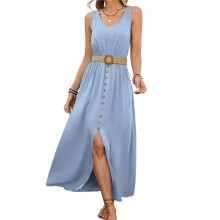 Dames Zomerjurken 2025 Mouwloos Knoopsluiting Taille Casual A-Lijn Swing Midi-Jurk Zonnejurk Lichtblauw M