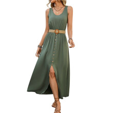 Womens Summer Dresses 2025 Sleeveless Button Down Waist Casual A- Swing Midi Dress Sundress Military Green XL