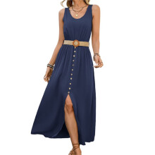 Womens Summer Dresses 2025 Sleeveless Button Down Waist Casual A- Swing Midi Dress Sundress Navy L