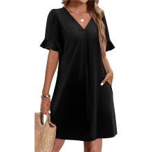 Summer Dresses for Women Ruffle Short Sleeve V Neck Casual Shift Dress with Pockets Black M