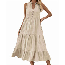Dames 2025 Zomer Mouwloze Shirtjurk Kraag V-Hals Casual Midi Jurken Abrikoos M