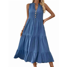 Damen 2025 Sommer Ärmelloses Hemdkleid Kragen V-Ausschnitt Casual Midi Kleider Blau S
