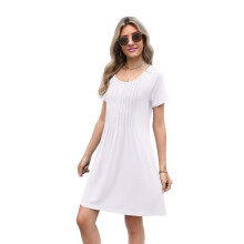 Vestidos de Verão Femininos com Pregas Frontais, Camisetas Casuais de Manga Curta, Vestidos com Bolsos, Saída de Praia para Férias, Branco S