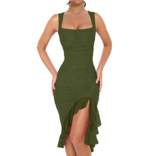 Women'S Ruched Bodycon Midi Dresses Square Neck Sleeveless Ruffle Hem Club Party Tank Dress Military Green S