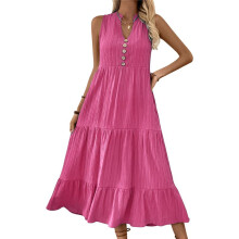 Womens 2025 Summer Sleeveless Shirt Dress Collar V Neck Casual Midi Dresses Rose Red L