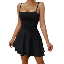Party Solid Color Spaghetti Strap Dress for Summer Black S