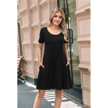 Womens Pleated Front Summer Dresses Casual Short Sleeve T Shirts Dress with Pockets Vacation Beach Cover Black XL