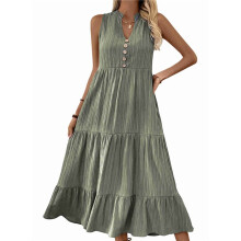 Dames 2025 Zomer Mouwloze Shirtjurk Kraag V-Hals Casual Midi Jurken Groen S