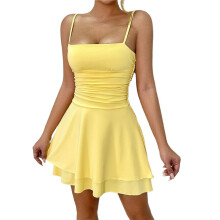 Vestido de Fiesta de Tirantes Finos en Color Liso para Verano, Amarillo Claro, Talla S