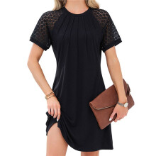 Women'S Summer Short Lace Sleeve T Shirt Dress Casual Crew Neck Pleated Front Shift Dresses Black L