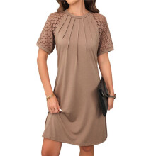 Women'S Summer Short Lace Sleeve T Shirt Dress Casual Crew Neck Pleated Front Shift Dresses Khaki XXL