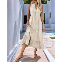 Damen 2025 Sommer Ärmelloses Hemdkleid Kragen V-Ausschnitt Lässige Midikleider Aprikose XL