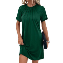Women'S Summer Short Lace Sleeve T Shirt Dress Casual Crew Neck Pleated Front Shift Dresses Green S