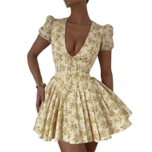 Women'S V Neckline Dress Printed Fitted Sundress Puff Sleeve Drawstring Dresses Yellow M