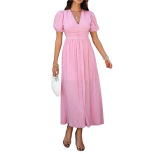 Damen Sommer Casual Midikleid Puffärmel V-Ausschnitt Geraffte Knopfleiste Vorne Schlitz Boho Kleider 2025 Rosa S