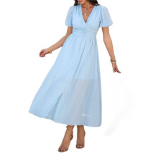 Damen Sommer Casual Midikleid Puffärmel V-Ausschnitt Geraffte Knopfleiste Vorne Schlitz Boho Kleider 2025 Himmelblau M