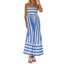 Women'S Striped Back Smocked Maxi Dress Spaghetti Strap Cut Out Flowy Swing Long Dress XL