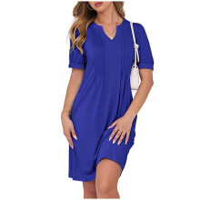 Dames Zomer Pofmouw Korte Mouw Casual V-Hals 2025 Lente Geplooide T-Shirt Tuniek Strand Korte Jurk Diepblauw M