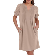Women'S Summer Puff Short Sleeve Casual V Neck Dresses 2025 Spring Pleated T-Shirt Tunic Beach Short Dress Khaki S