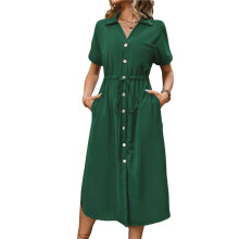 Women'S Solid Color Dress Summer Casual Short Sleeve Button V Neck Dresses Long Beach Shirt Dress with Pockets Ink Green M
