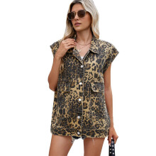 Women'S Vintage Denim Jean Vest Oversized Button Down Jean Waistcoat Gilet Yellow Leopard Pattern XS