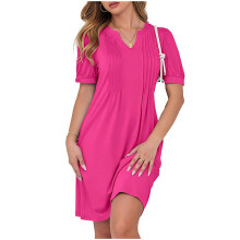 Damen Sommer Puff Kurzarm Casual V-Ausschnitt 2025 Frühling Plissee T-Shirt Tunika Strand Kurzes Kleid Rosenrot M