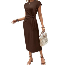 Vestido Longo Feminino de Verão, Gola Redonda, Casual, Elegante, Cintura, Amarração, Manga Curta Café S