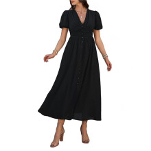 Women Summer Casual Midi Dress Puff Sleeve V Neck Ruched Button Front Split Boho Beach Vacation Wedding Dresses 2025 Black XL