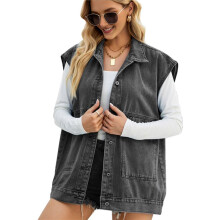 Women'S Vintage Denim Jean Vest Oversized Button Down Jean Waistcoat Gilet Black and Gray L