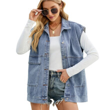 Damen Vintage Jeansweste Übergroße Button-Down-Jeansweste Blau XS