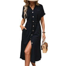 Vestido de Verano para Mujer, de Color Liso, Informal, de Manga Corta, con Botones y Cuello en V, Largo Playero con Bolsillos. Negro XL