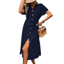 Women'S Solid Color Dress Summer Casual Short Sleeve Button V Neck Dresses Long Beach Shirt Dress with Pockets Navy M