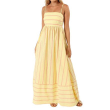 Vestido Longo Feminino com Babados e Listras Nas Costas Alças Finas Recorte Fluido Rodado Amarelo S