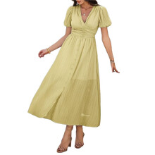 Women Summer Casual Midi Dress Puff Sleeve V Neck Ruched Button Front Split Boho Beach Vacation Wedding Dresses 2025 Yellow M