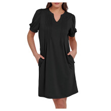 Vestido Corto Playero Tipo Túnica Plisada de Manga Corta Abullonada con Cuello en V para Mujer, Primavera 2025 Negro L